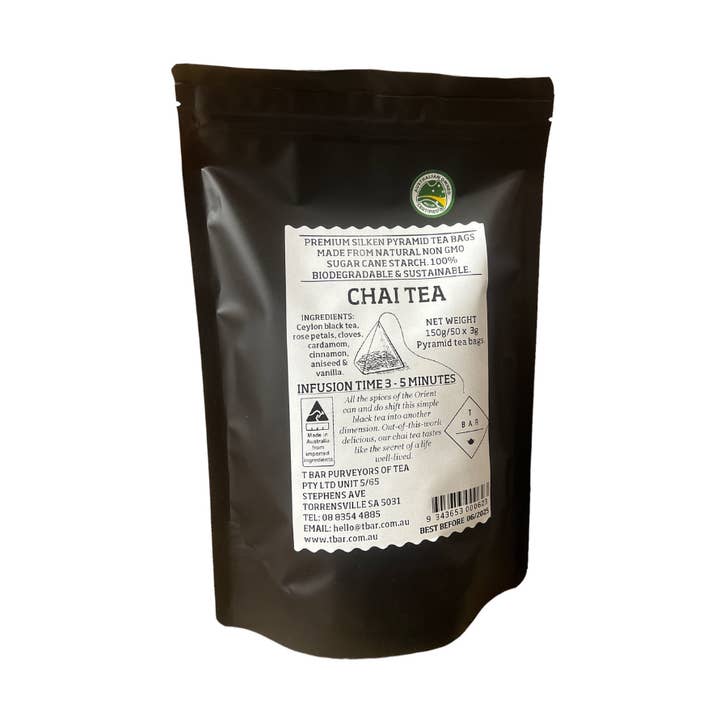 Chai Black Tea 50 Pack Premium Pyramid Tea Bags for wholesale by T BAR TEA