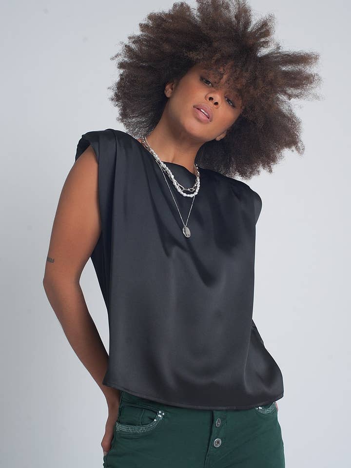 Gathered satin shoulder pad sleeveless top in black for wholesale by Q2—All Orders:Free Duties for the US,UK,and Canada
