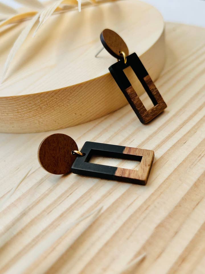 Natural Wood & Resin Stud Earrings, Black, Brown, Rectangle for wholesale by Lavender Avenue