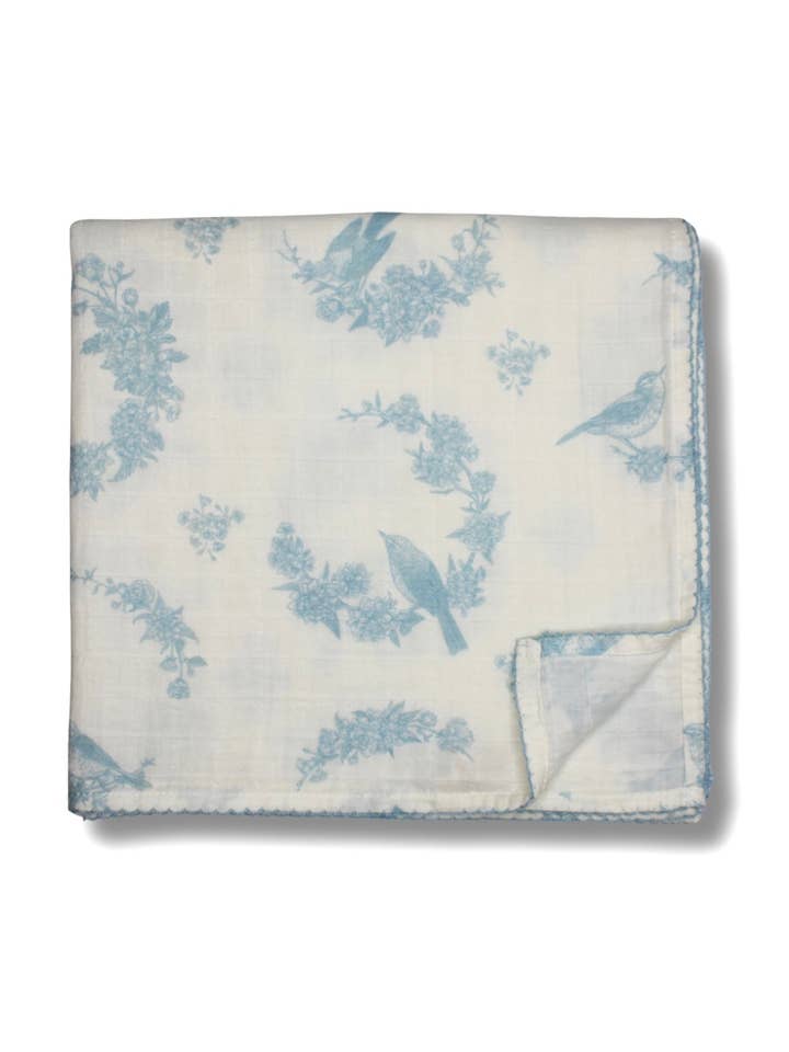 Little Blue Bird Muslin Blanket for wholesale by Little Threads