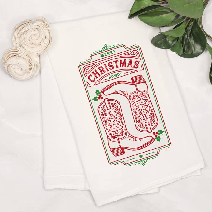 White Cotton Tea Towel White-Western Christmas for wholesale on Faire6