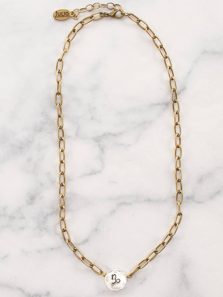 Raymond Hand Stamped Zodiac Symbol Necklace- 2-Tone Reversed for wholesale by Julio Designs