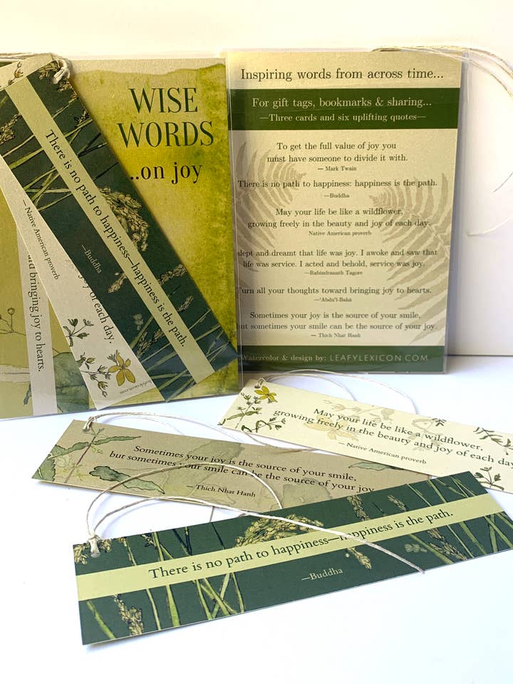 Kloka ord om glädje - uppsättning botaniska bokmärken för wholesale av Leafy Lexicon