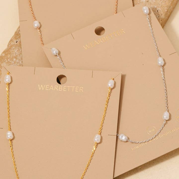 Anarchy Street - Wholesale Link & Chain Necklace - Gold Dipped Pearl Beads Station Chain Necklace