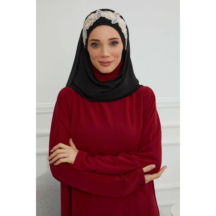 Aisha's Design - Wholesale Hijab – Women’s - Luxury Instant Chiffon Hijab with Floral Lace, Ready-to-Wear Chiffon Hijab with Embroidered Flowers,CPS-10162