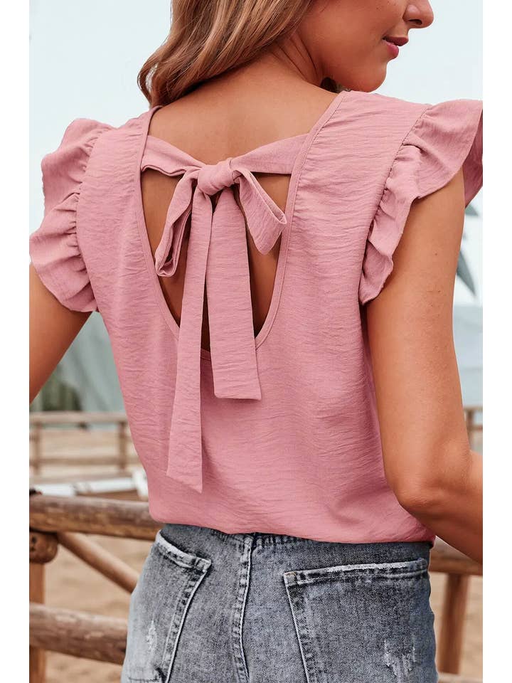 As shown Fashion-W Bow Knot Decor Open Back Flutter Sleeve Blouse for wholesale on Faire