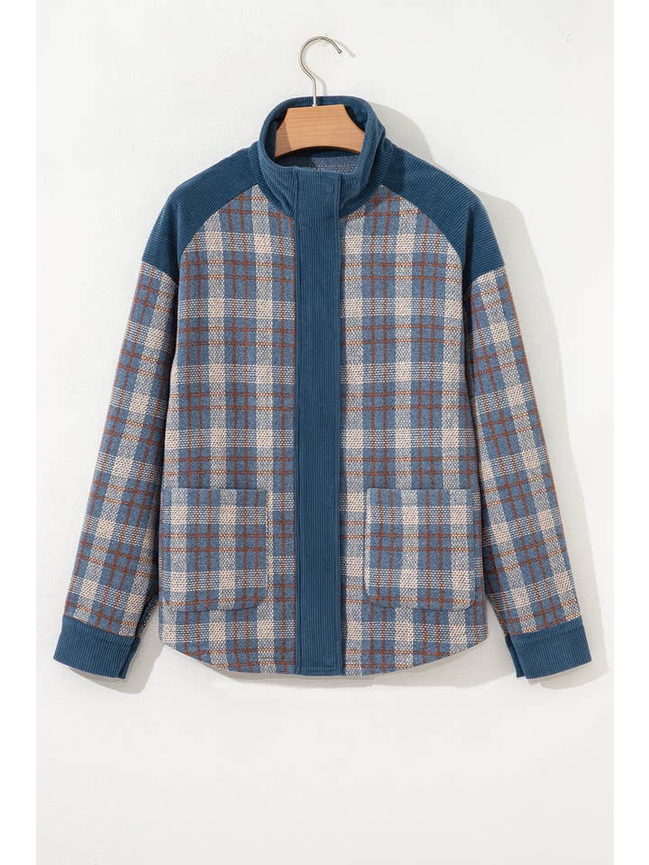 Gray Plaid Corduroy Patchwork Zip-Up Snap-Button Jacket for wholesale on Faire5