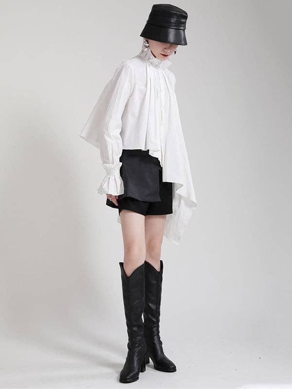 WHITE Original Stylish Irregular Pleated Buttoned Stand Collar Long Sleeves Blouse for wholesale on Faire6