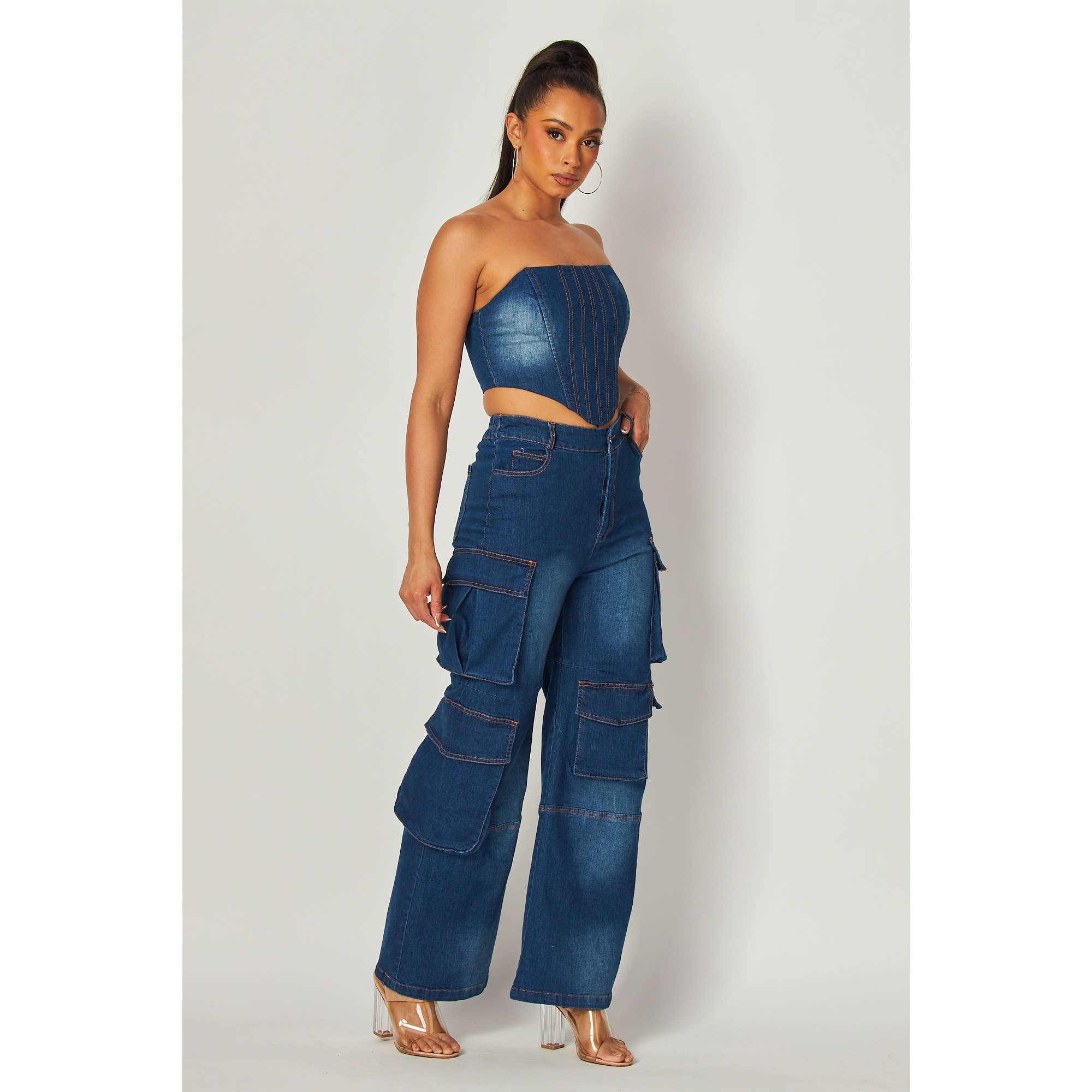 Miss 8 - Wholesale Top & Pant Set (NOT Loungewear) - Women's - Denim Cargo Strapless Top and Wide-Leg Pants Set7