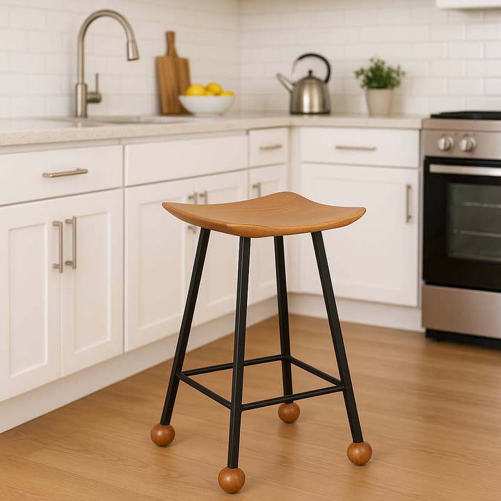 Wooden Stool – 47cm – Black Iron Box Profile Legs / STL-027 for wholesale by Wood Stone Art