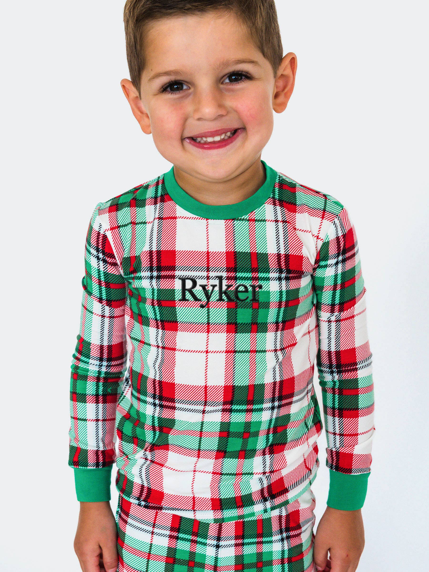 White SoftSnooze™ Boys Cotton Modal Dashing Dreams Plaid Long Sleeve Pajama Set for wholesale on Faire3