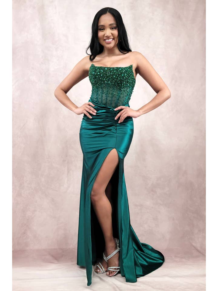 Chicas - Vente Robe de soirée – femme - Robe bustier en satin avec corset à perles et sequins C83132