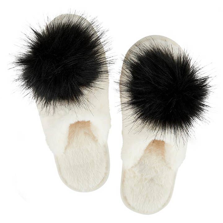 Bella Sleep + Spa - Wholesale Slippers - Women's - Plush Slippers - Ivory with Black Pom Pom1