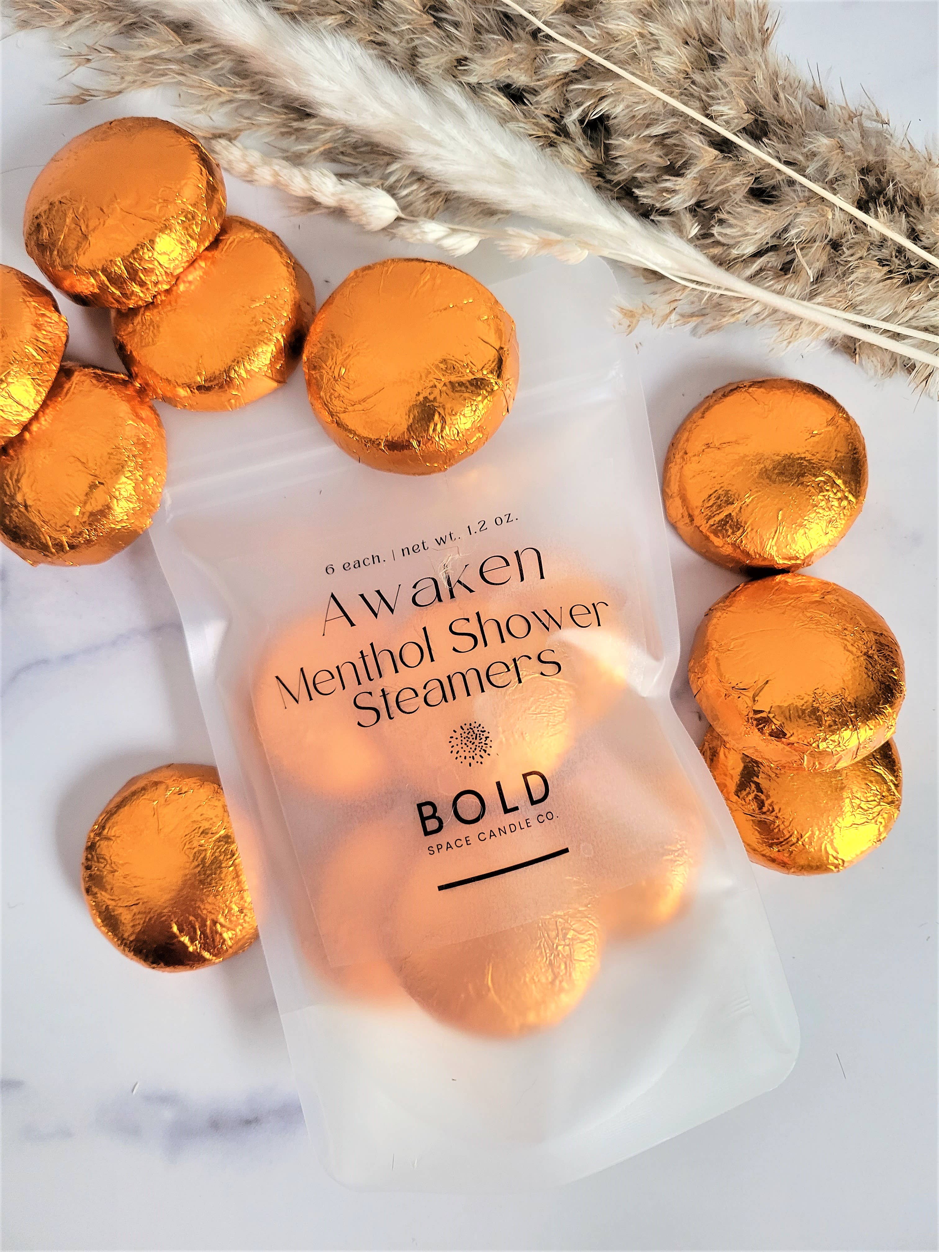 Bold Space Candle Co. - Vente Bombe de douche/galet bien-être pour la douche - Awaken Shower Steamer – Orange énergisante & Lavande - 6 unités3