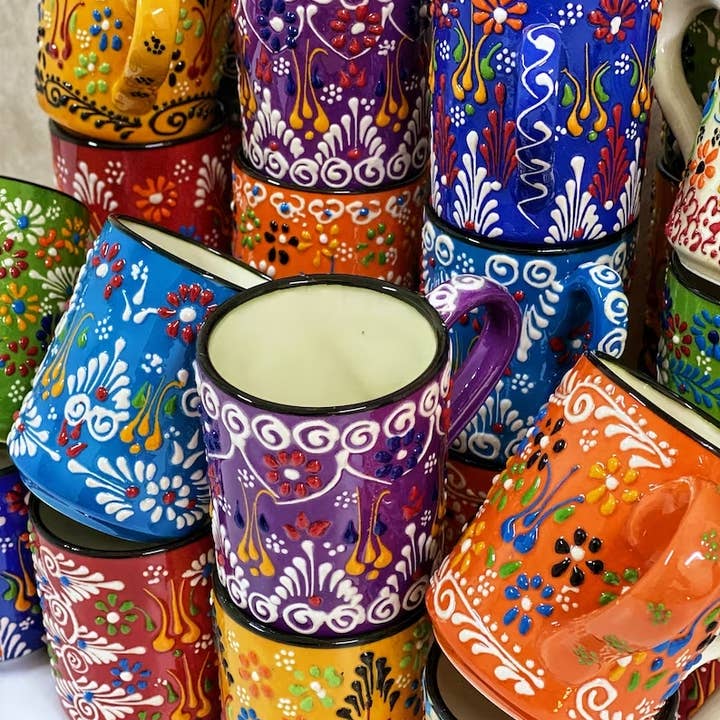 Mediterranean Collection - Wholesale Coffee Mug - Colorful Handmade Ceramic Turkish Mugs - 20 Pcs Assorted
