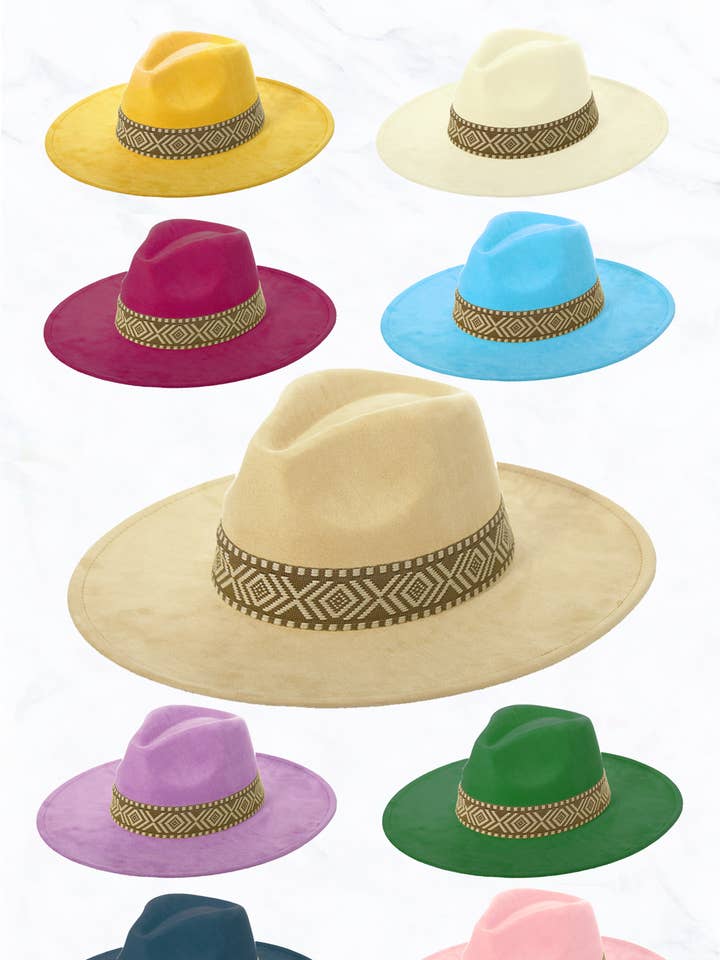 Cintura azteca, cappello Fedora in pelle scamosciata con bordo largo color pesca per la vendita all'ingrosso da parte di Suzie Q USA