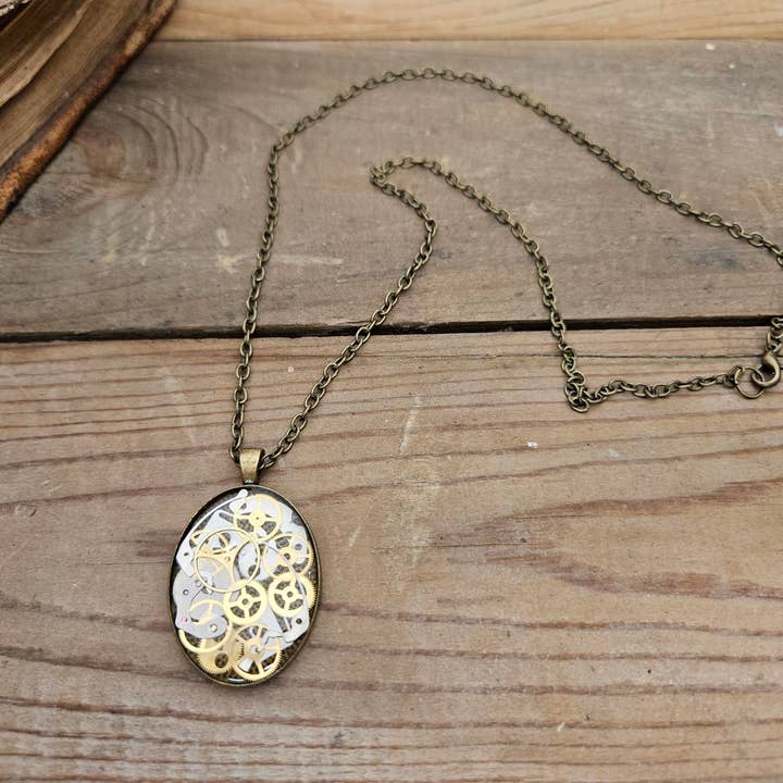 The Seedy Merchant - Wholesale Pendant/Charm Necklace - Steampunk Bronze Oval Necklace Upcycled Watch Parts Gears