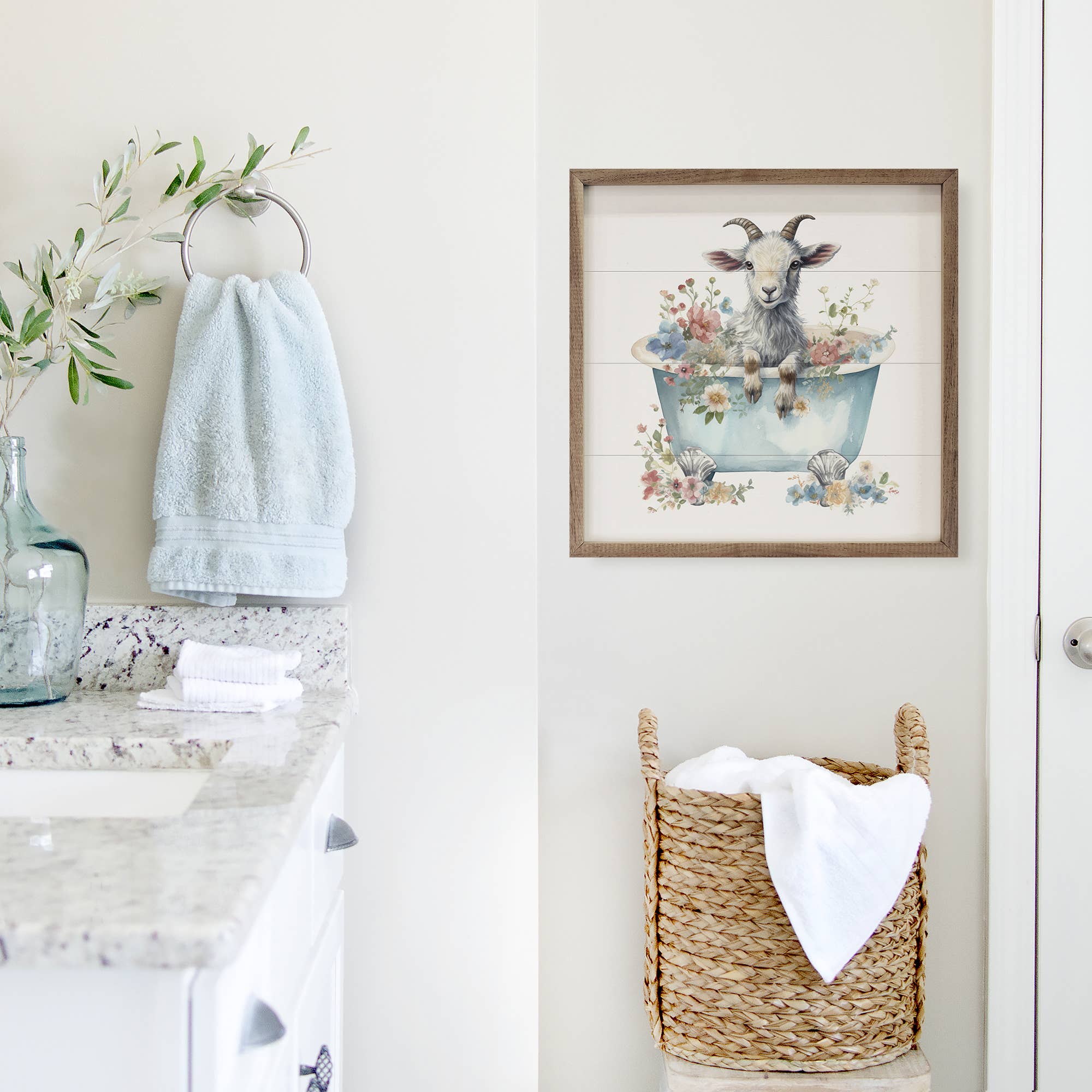 Kendrick Home - Wholesale Sign - White Goat With Flowers Blue Tub White2