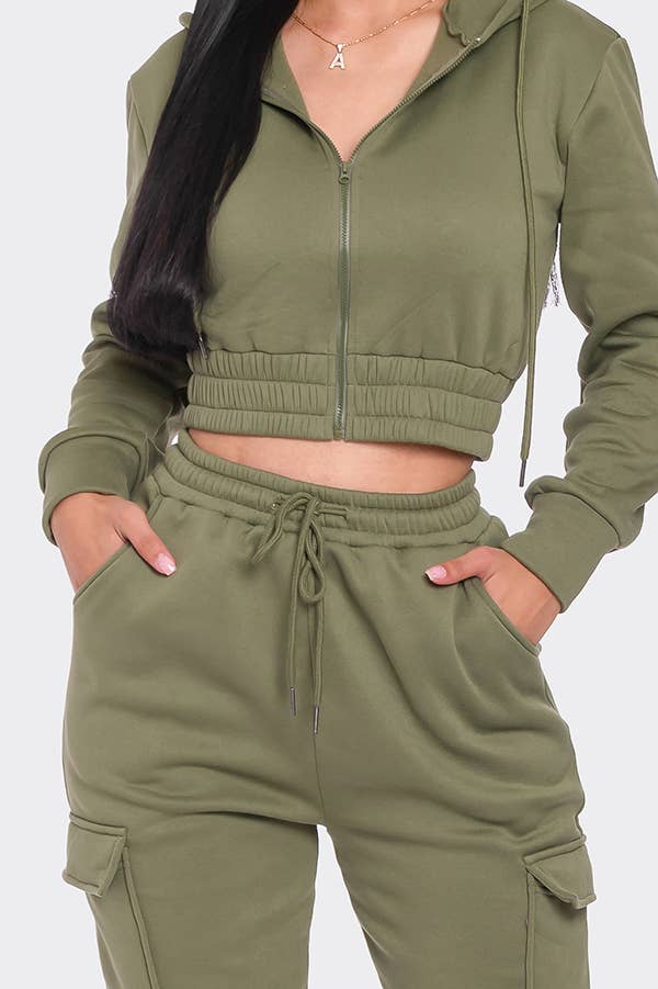 Lime All the Time – Engroshandel Top- og buksesæt (IKKE Loungewear) - Dame – 2 stk beskåret lynlås hættetrøje og Cargo Jogger Bukser Sæt18