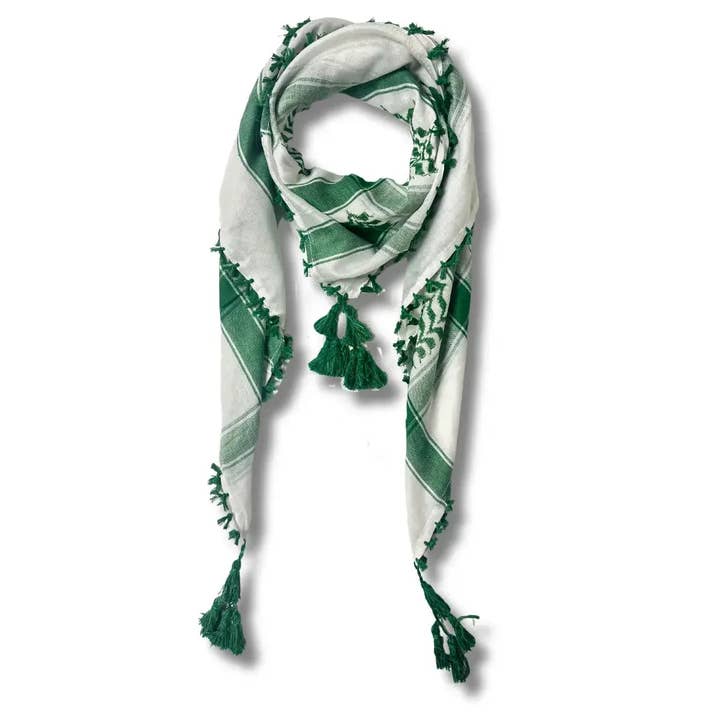 Palestinian Elegance – Cachecol - Mulher por atacado – Keffiyeh Branco e Verde – Lenço Palestiniano Artesanal com Elegância Tradicional
