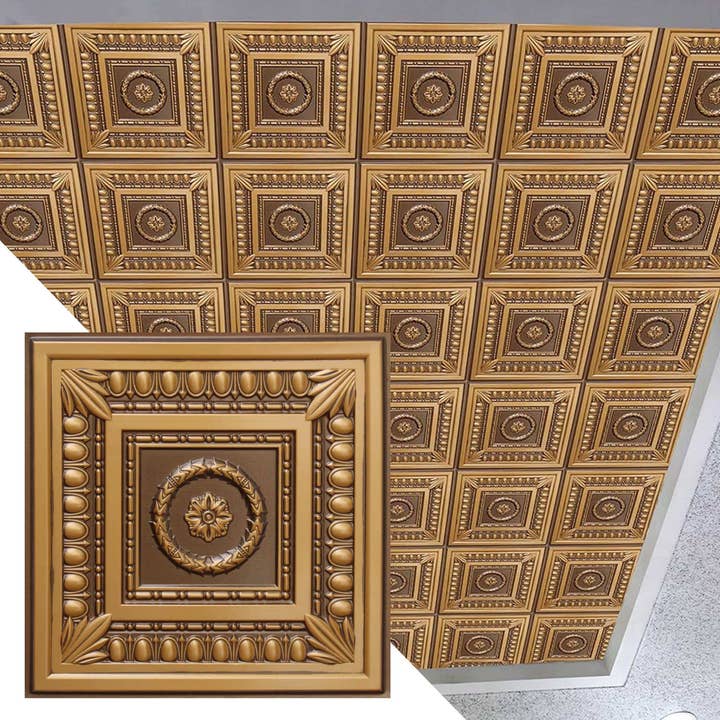 PVC Ceiling Tiles, 2 ft x 2 ft, Glue Up or Lay In, Wipe-clean, Waterproof - Rustic Botanical Antique Gold for wholesale by Dundee Deco