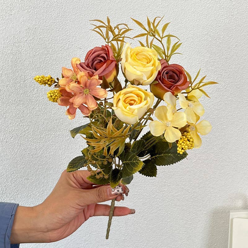 Sweet Home Deco – Engroshandel Kunstige blomster – 13'' lang buket med blandede blomster i silke, roser/margeritter i efterårsfarver3