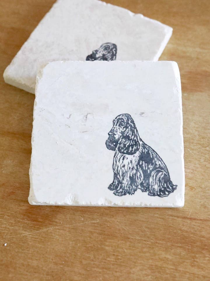 Sottobicchiere in marmo inglese Springer Spaniel per la vendita all'ingrosso da parte di Lace, Grace & Peonies Marble Coasters