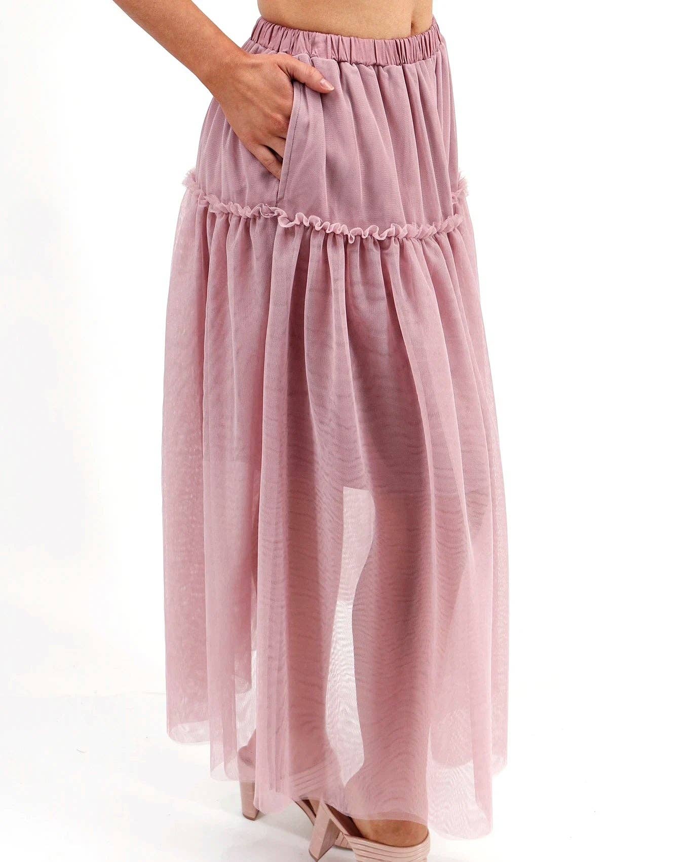 Mesh Tiered Maxi Skirt in Blush for wholesale on Faire7