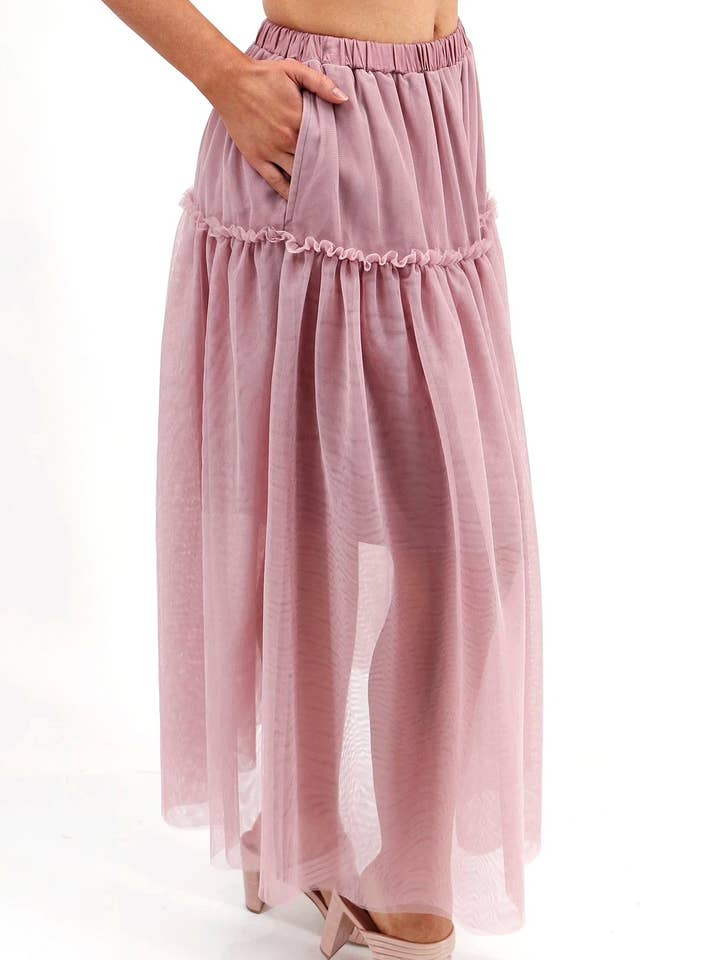 Mesh Tiered Maxi Skirt in Blush for wholesale on Faire7