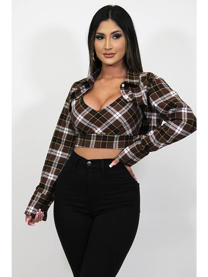 Junie - Vente Ensemble de hauts – femme - DÉBARDEUR À CARREAUX AVEC CHEMISE COURTE À MANCHES LONGUES JST2068