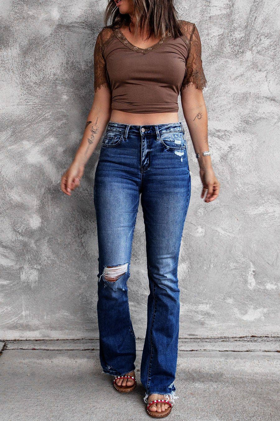 safistyle - Wholesale Jeans - Women's - High-Waist Ripped Flare Jeans with Elastic Waist6