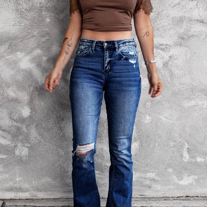 safistyle - Wholesale Jeans - Women's - High-Waist Ripped Flare Jeans with Elastic Waist6