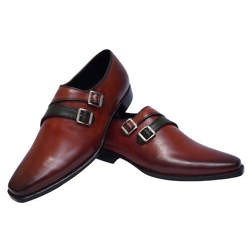 Handmade Men's Brown Patina Leather Double Monk Shoes for wholesale by The Royale Leather