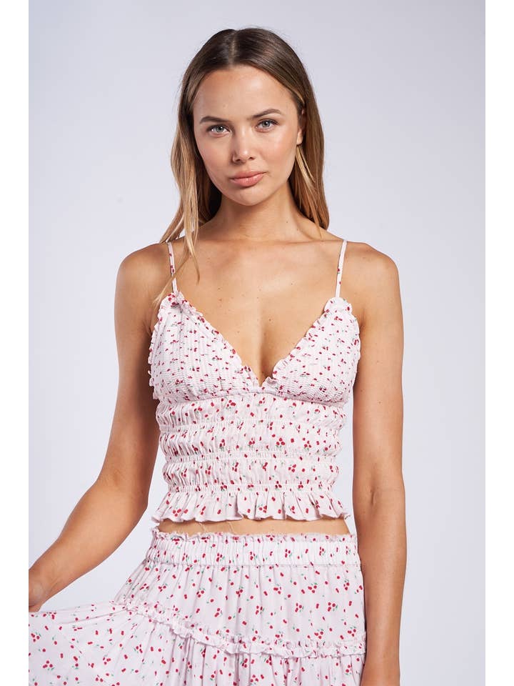 CHERRY PRINT SWEETHEART SMOCKED BODY CROP TOP for wholesale on Faire