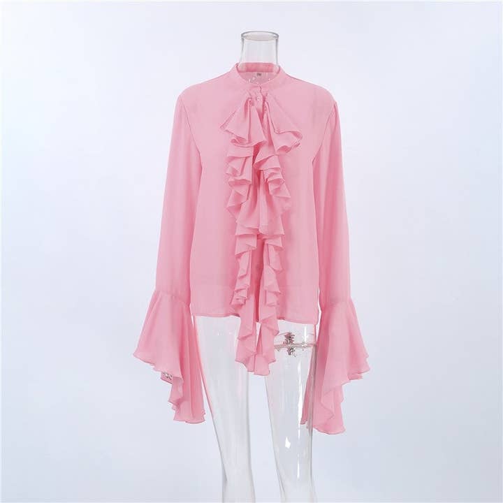 Sheer Trend - Wholesale Blouse - Women's - Round Neck Bell Sleeve Ruffle Trim Women's Blouse1