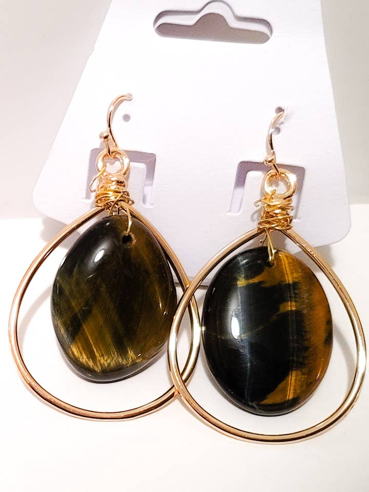 Tiger Eye Gold Hoop Earrings for wholesale by L. Styles, LLC