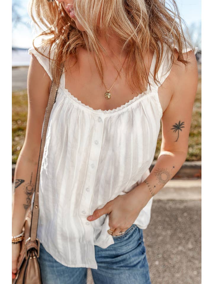 White LDC Lace Crochet Ruffled Buttoned Loose Fit Tank Top for wholesale on Faire