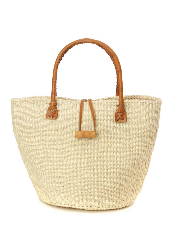 Classic Natural Sisal Handbag with Leather Handles for wholesale by Swahili | AFRICAN MODERN