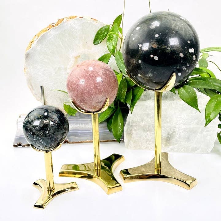 Rock Paradise - Wholesale Decorative Tabletop Object - Crystal Metal Tall Gold-Toned Sphere Holder - Two Styles