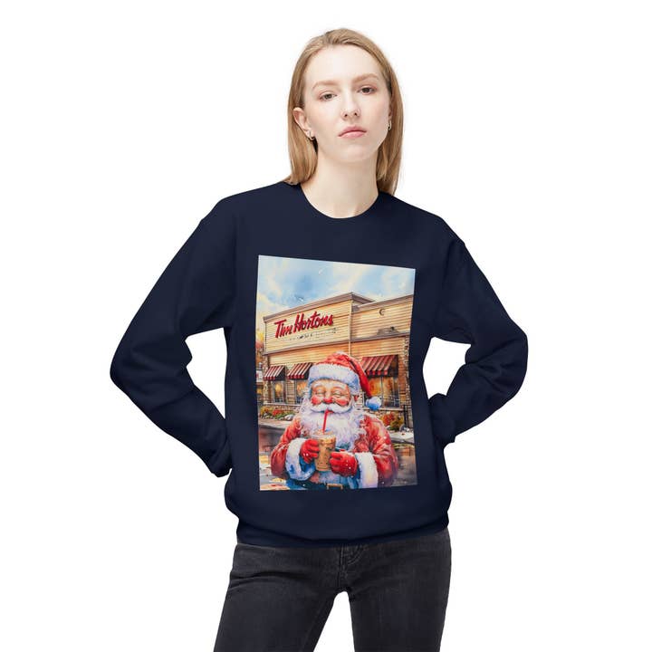 Buffalovely - Wholesale Graphic Sweatshirt - Women's - Santa with an Iced Coffee at Tim Horton's Cozy Unisex Christmas Crewneck Sweatshirt34