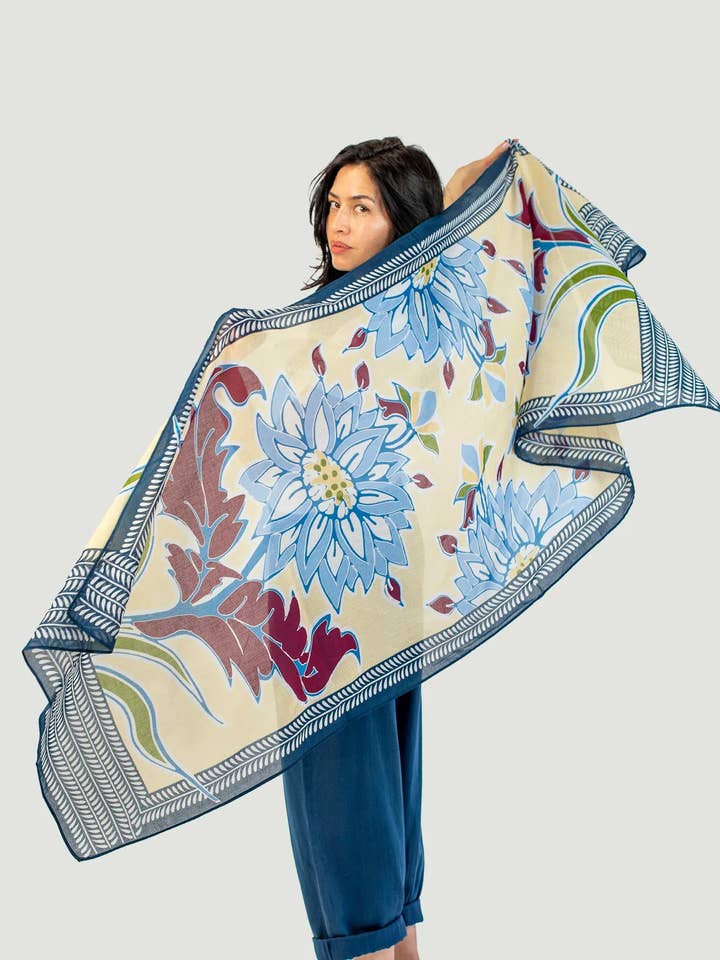 Insect-Repellent Scarf — Dahlia with Blue Border BACK IN STOCK for wholesale by Shoo for Good
