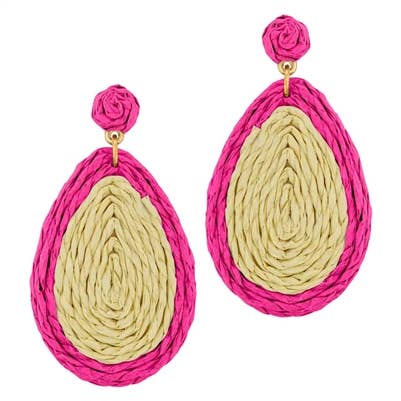 Hot Pink and Tan Rattan Teardrop 2" Earring for wholesale by What's Hot