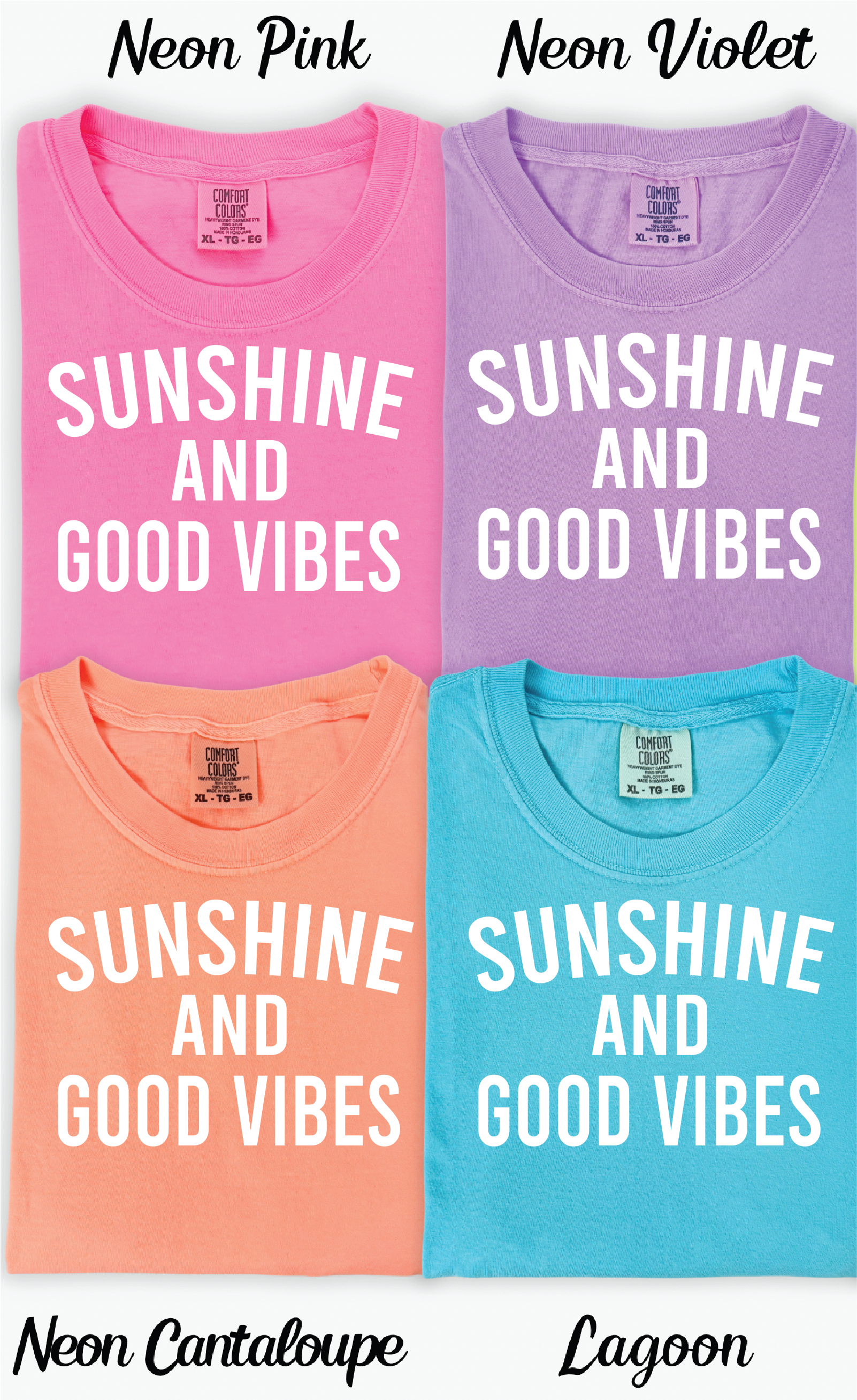 Southern Attitude Designs Inc – Engroshandel T-shirt med print - Dame – Solskin og Gode Vibes på Neon Komfortfarve T-shirts0
