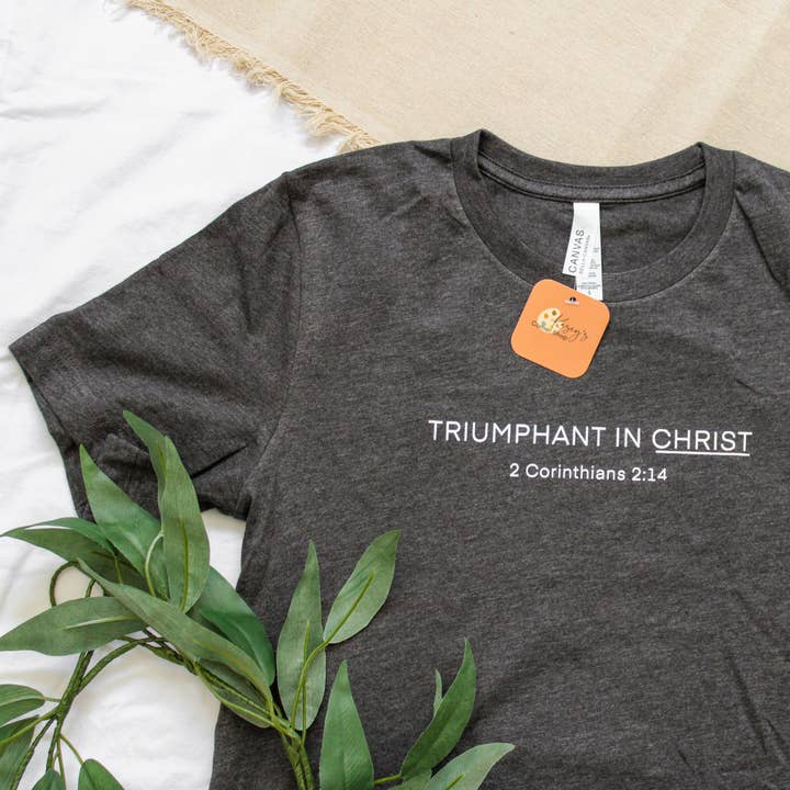 Common Grace Print Shop - Wholesale Screen Printed T-Shirt - Women's - Triumphant in Christ UNISEX Short-Sleeve T-Shirt (Color: Heathered Charcoal)3