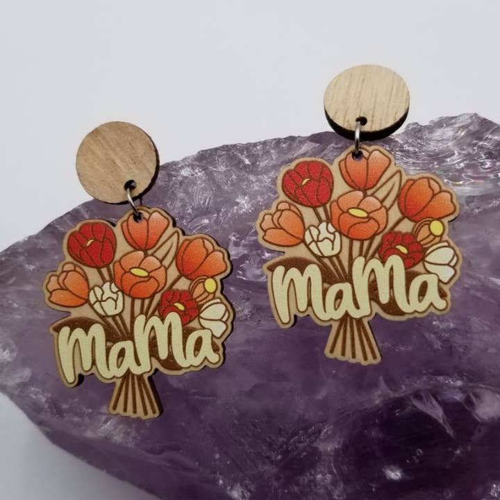 Mama Flower Wood Earrings - Mother's Day for wholesale by magnolia jewelry