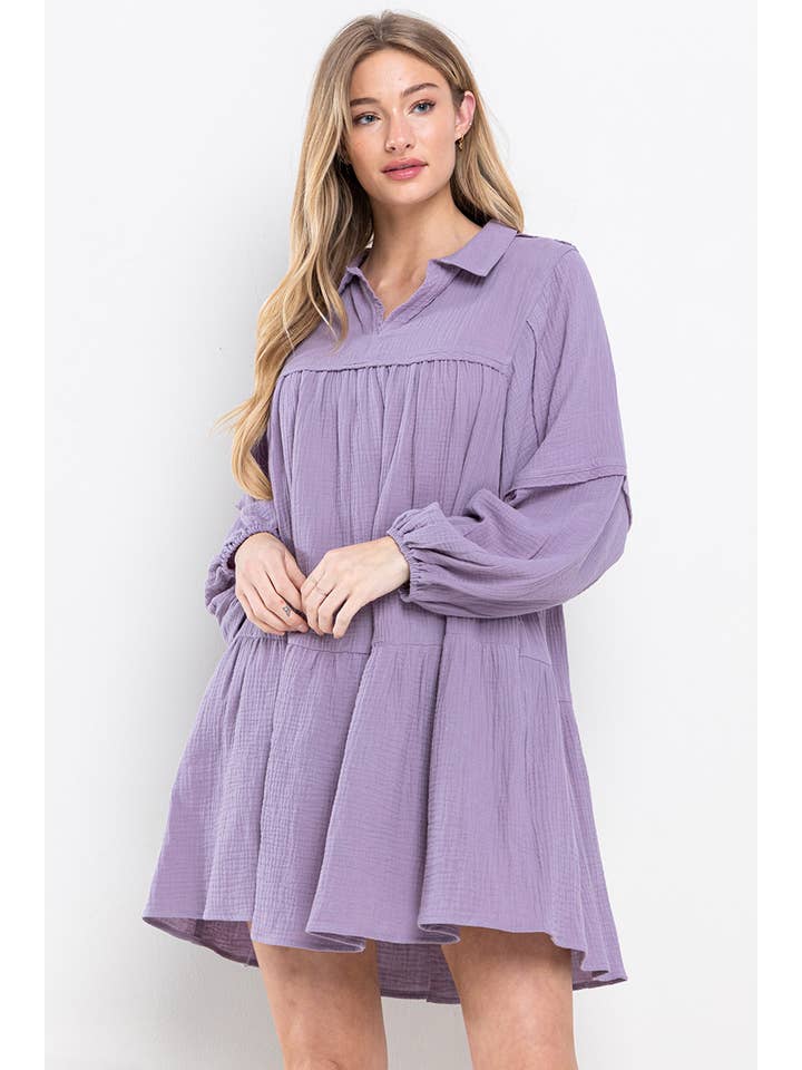 Ces Femme USA - Wholesale Dress - Women's - Long sleeve Collared Baby Doll Tiered Gauze Dress / DI5642