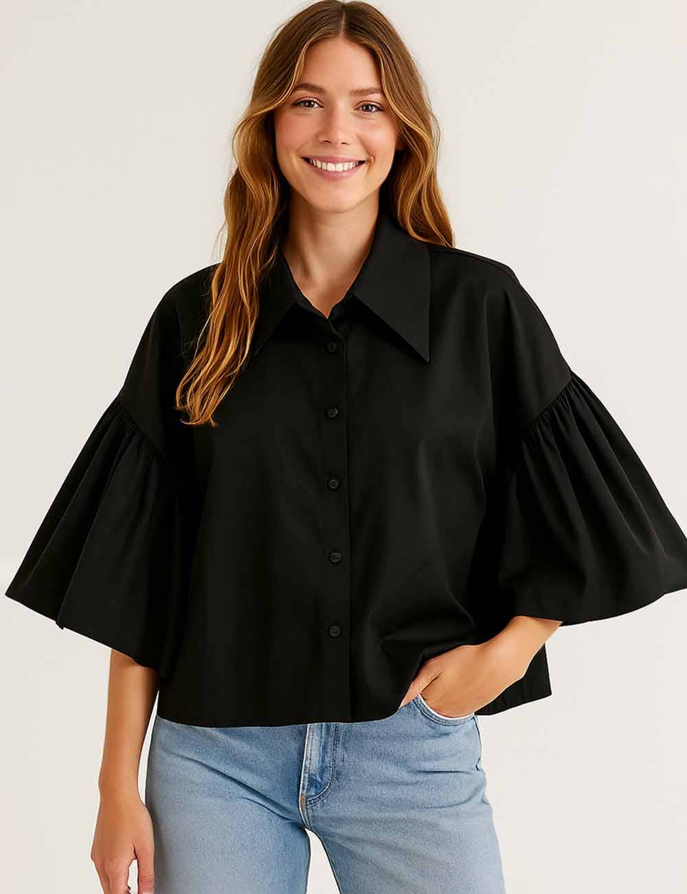 Sweetkama – wholesale Buttoned-down shirt – Women's – Ladies Striped Puff Sleeves Button Shirt SP06816
