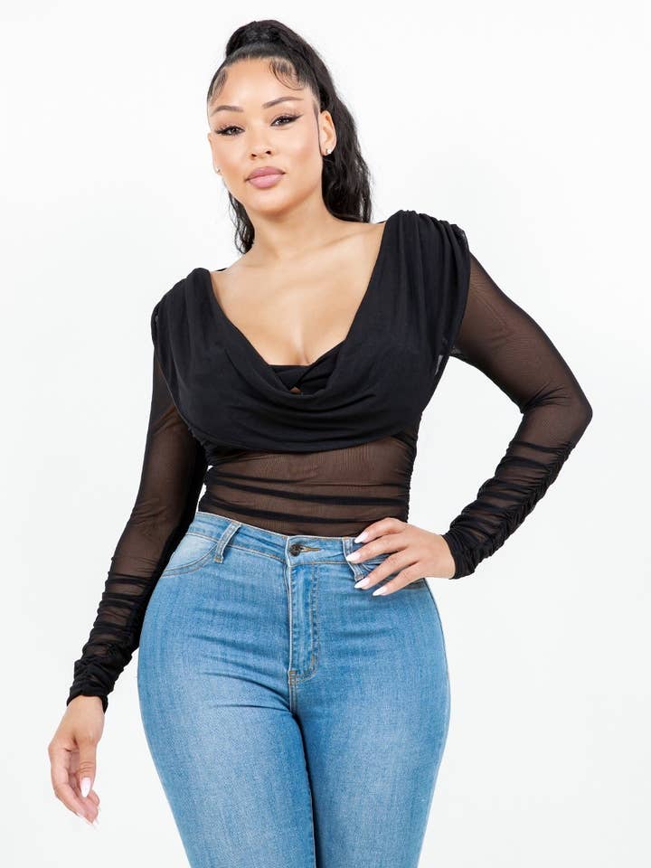 Bodysuit-LONG SLEEVE MESH BODYSUIT for wholesale by FashionShowcase