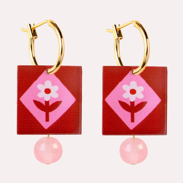 Red Pink Folk Floral Hoop Earrings Square Charm Gold Plated for wholesale by Natalie Lea Owen – Handmade Jewellery & Greeting Cards
