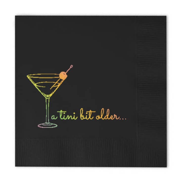 A Tini Bit Older Birthday Black Cocktail Paper Beverage Napkin for wholesale by Sunshine Daisy LLC